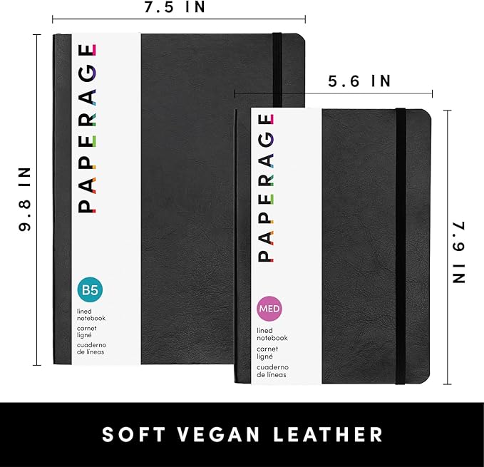 PAPERAGE Softcover Lined Journal Notebook (Black), 176 Pages, Large B5 College Ruled Notebook, 7.6 inches x 10 inches - 100 GSM Thick Premium Paper, Soft Vegan Leather Journal for Home, Work & School