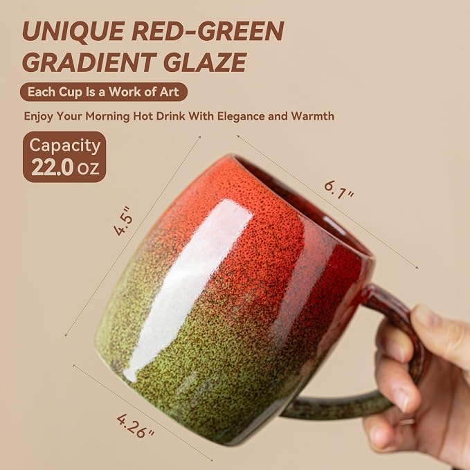 Handmade 22oz Ceramic Coffee Mug, Ergonomic Large Handle, Ideal Gift for Coffee Lovers, Microwave & Dishwasher Safe (Minute-Red&Green)