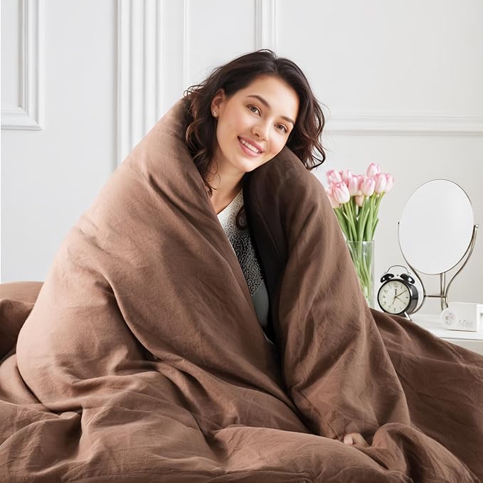 NEXHOME PRO Duvet Cover Set 100% Washed Cotton Full Size Linen Feel Textured Organic Natural 3 Pieces Bedding Set Mocha Brown with Zipper Closure and Corner Ties, Breathable (No Comforter)