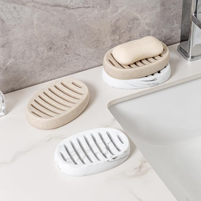 Soap Dish, Bar Soap Holders, Oval White Marble Look | Modern, Minimalist, Simple, Self Draining, Soap Saver Spone Holder Tray, for Shower Bathroom Countertop Kitchen Sink Bathtub