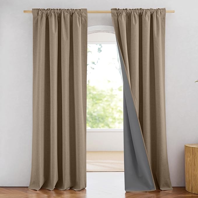 NICETOWN Burlap Vintage Open Linen Weave Flax Thermal Curtains, 100% Blackout Curtains 84 inches Long for Dining Room, 52" Wide Per Panel, Set of 2, Soundproof Window Treatment Drapes for Hall Room