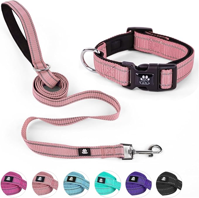 NESTROAD Dog Collar and Leash Set,Reflective Dog Collars with Quick Release Buckle,Adjustable Nylon Pet Collar for Small Medium Large Dogs(Large,Pink)