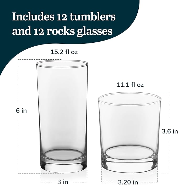 Libbey Province 24-Piece Glasses Drinking Set, Ideal Dining Glassware Sets, Dishwasher Safe Glass Sets For Drinking