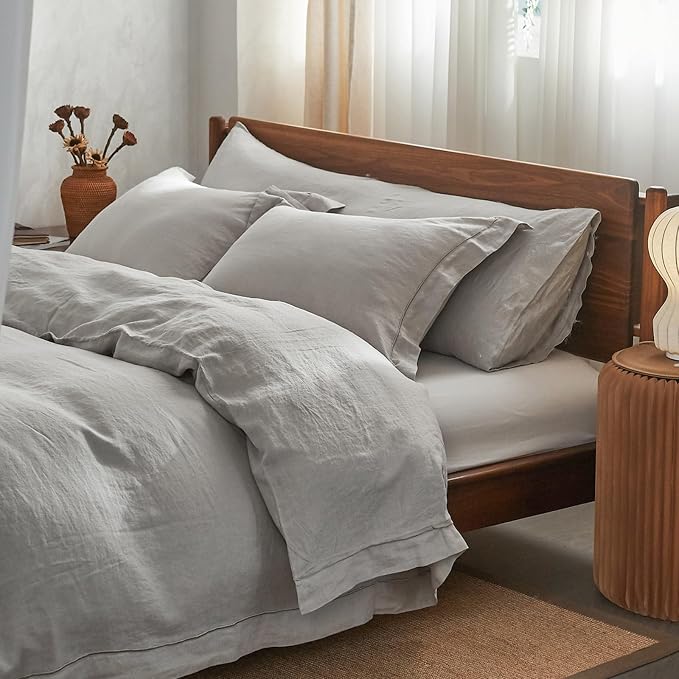 Simple&Opulence 100% Washed Linen Duvet Cover with Embroidered,3 Pieces Soft Farmhouse Comforter Set with Button Closure,1 Duvet Cover and 2 Pillowshams(King,Light Grey)