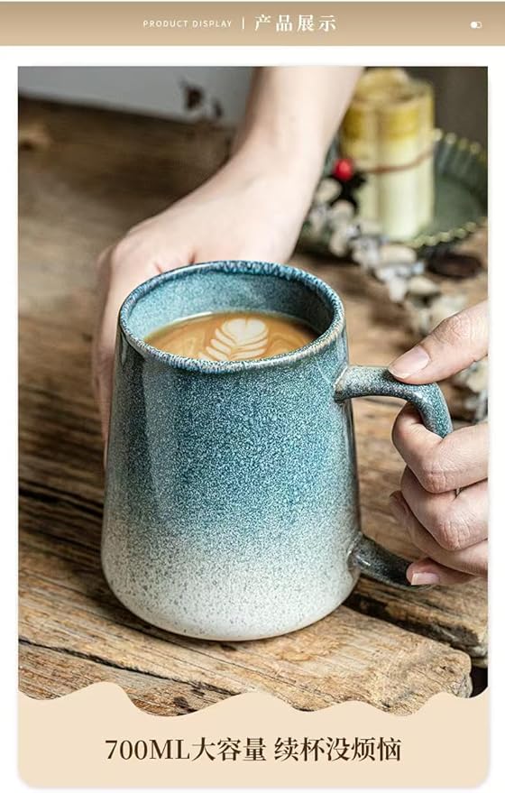 24 OZ, Large Ceramics Coffee Mugs with Handle, Extra Large Tea and Coffee Cup for Office and Home，Microwave and Dishwasher Safe,For Gift and Present(Flowing Sand Blue)
