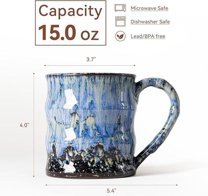 Unique Reactive Glaze Ceramic Coffee Mug - 15 oz Large Coffee Cup with Ergonomic Handle, Deep Sea Blue Ceramic Mug for Office & Home, Great Birthday Gift for Women, Men & Friends