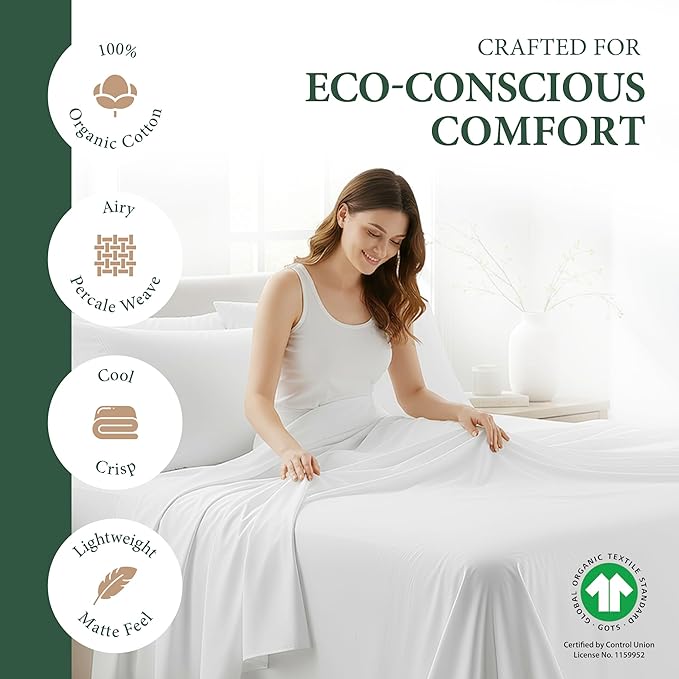 100% Organic Cotton Sheets Twin XL Size - Organic Cotton Twin XL Size Percale Weave Sheet Set (3 PC, Teal), Soft, Cooling, Crisp & Breathable, 16" Deep Pocket Hotel Bedding Set