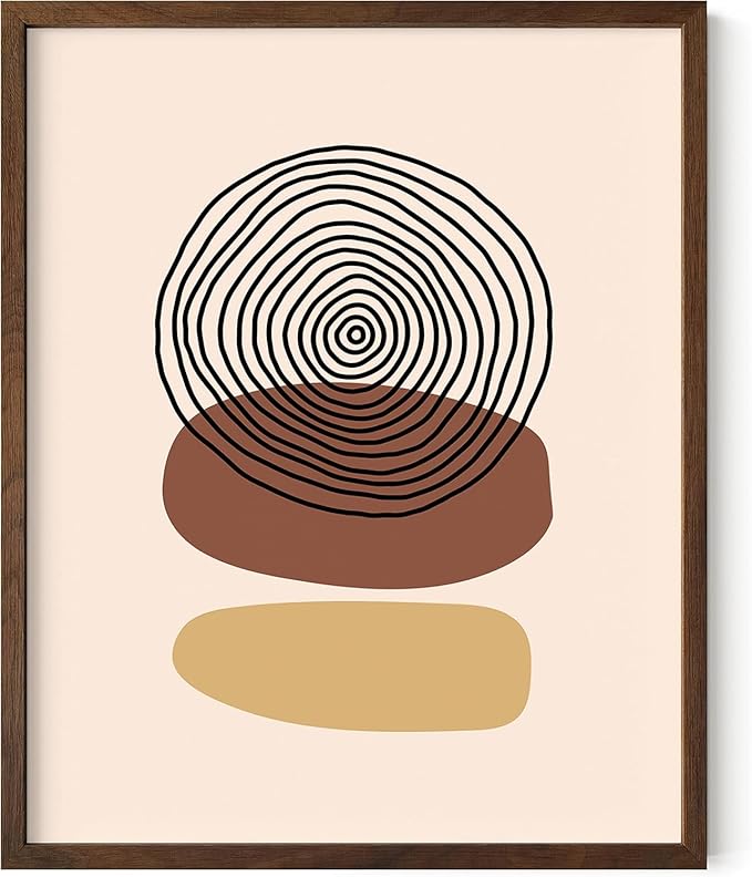 Boho Abstract Wall Art Minimalist Stacked Stones Circles Earth Tones Terracotta Mid Century Modern 16x20 Inch Oak Wood Walnut Framed Zen Meditation Print for Living Room Office Decor