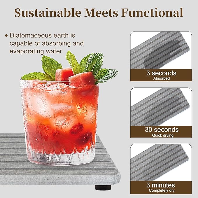 2 PCS Water Absorbent Diatomite Rectangle Coasters with Grooved Design - Thirsty Absorbing Stone Tray for Soaps Dish, Hand Soaps, Plants, Toiletries - Keep Bathroom & Kitchen Counter Tops Dry & Tidy