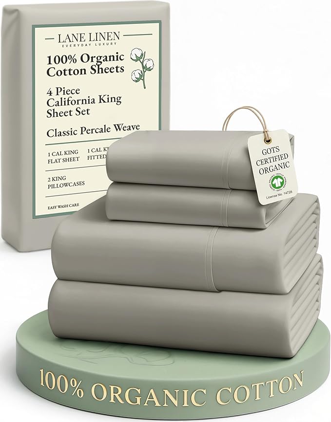 LANE LINEN 100% Organic Cotton California King Sheets Set, Fully Elasticized Reinforsed Seams in Fitted Pocket, Machine Washable Naturally Cooling All Season Cal King Sheet- Silver