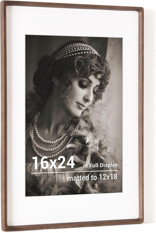16x24 Poster Frame, USA-Sourced Walnut Wood Picture Frame with HD Tempered Glass, Handcrafted Rounded Corner 16 x 24 Wooden Frame Matted to 12x18 Photos, Horizontal or Vertical Wall Display
