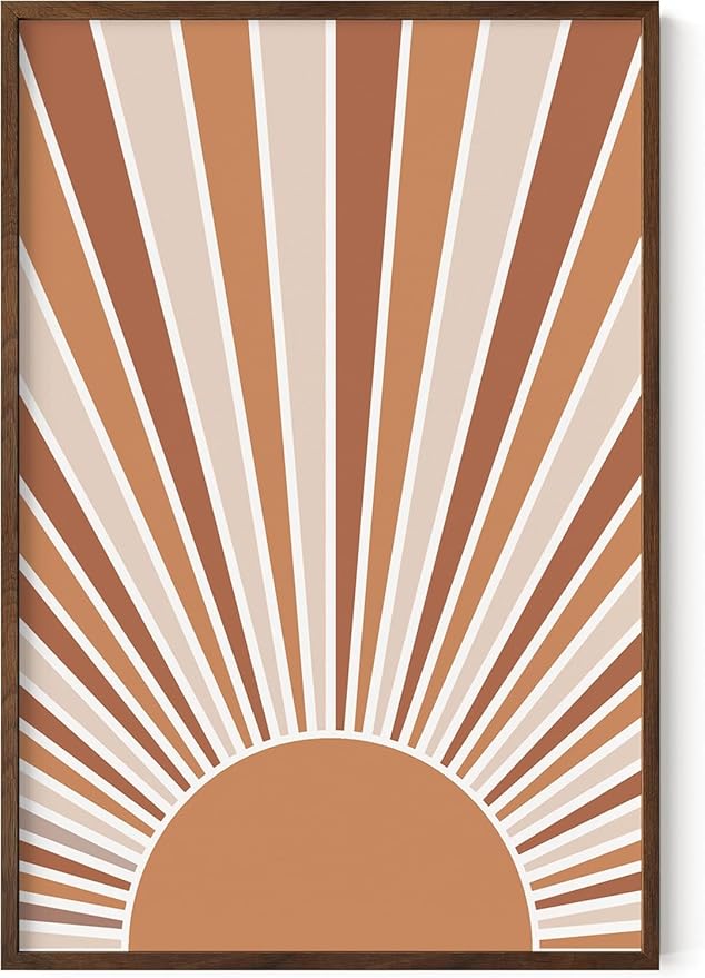 Boho Rising Sun Wall Art Sunburst Rays Earth Tones Terracotta Mid Century Modern 24x36 Inch Oak Wood Walnut Framed Minimalist Landscape Sunshine Print for Nursery Decor