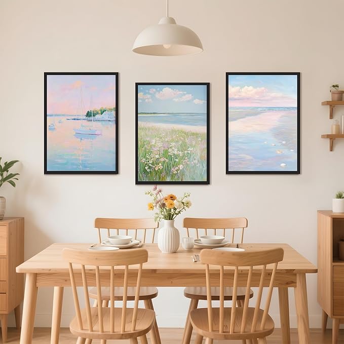 Coastal Pink Wall Art Set of 3 Maximalist Ocean & Beach Landscape Canvas Poster Trendy Sailboats Flowers Sunset Painting Pastel Picture Prints for Bedroom Home Decor 16x24inch Black Framed