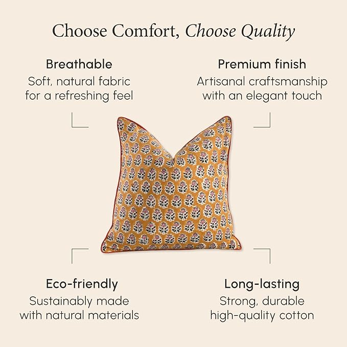 CPC 100% Cotton Throw Pillow Covers 18x18 Inch, Set of 2 Yellow Block Print Pattern Couch Pillow, Cute Boho Decorative Pillows for Living Room, Bedroom with Hidden Zipper- Yellow Citrine
