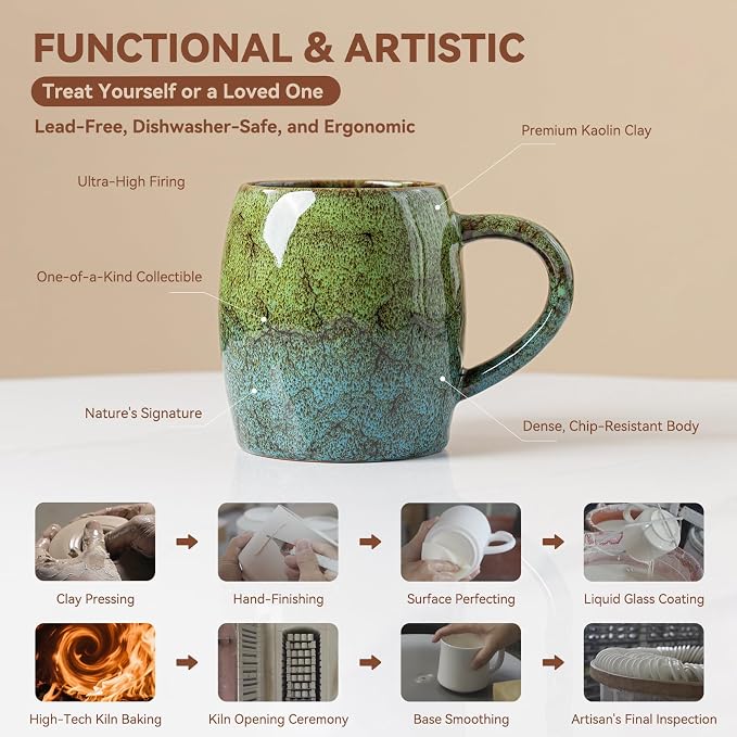 Handmade 22oz Ceramic Coffee Mug, Ergonomic Large Handle, Ideal Gift for Coffee Lovers, Microwave & Dishwasher Safe (Minute-Green&Blue)