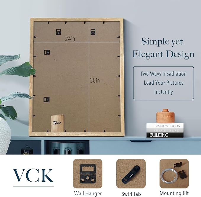 VCK 24x30 Poster Frame Natural Solid Wood 3 Pack, Exclusive Wood Grain Wall Hanging Picture Frame for Home Decoration