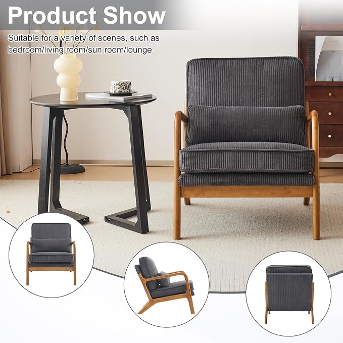 Karl home Mid-Century Modern Accent Reading Chair, Dark Grey | Corduroy Upholstered, Solid Wood Frame, Soft Cushion, Lumbar Pillow, Lounge Armchair for Living Room, Bedroom, Balcony, Study