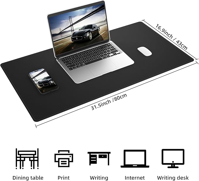 AFIING Cork Desk Mat 31.5" x 17", Waterproof Dual-Sided Cork & PU Leather Desk Pad, Non-Slip Desk Protector for Home Office, Workspace Setup & Gaming, Black