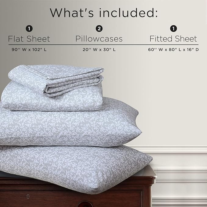 Briarwood Home® Printed Flannel Sheet Set, 100% Natural Cotton, Soft, Warm & Deep Pocket, Advanced Nano-Tech Making it Resistance to Pilling; Brushed 6 Times for Softness (La Folia Grey, Queen)