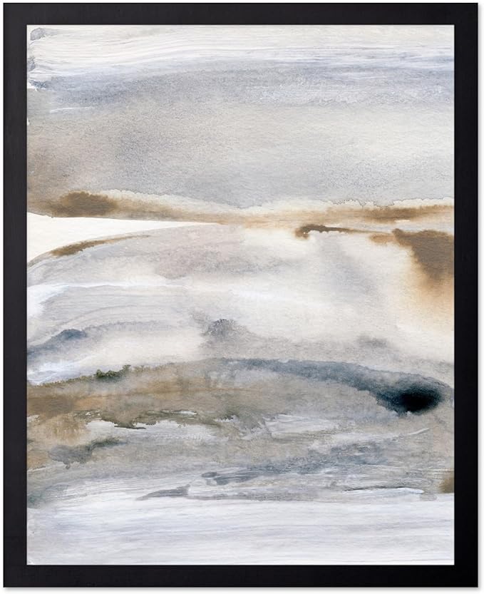 Monem Art Neutral Abstract Watercolor Landscape Wall Art - Minimalist Earth Tone Contemporary Painting Poster - Modern Calm Aesthetic Art Print - 12x16 Black Framed Wall Art by Mareike Bohmer