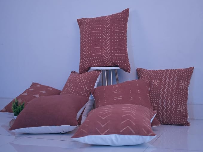 Trade Star 100% Cotton Throw Cushion Cover Designer Cushion Cover Handmade Square Pillow Case Authentic Mudcloth Bed Cushion Case (Rust NOVA 18X18 INCHES)
