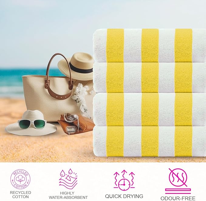 CASA COPENHAGEN Cabana Beach Towel Designed in Denmark Rough and Tough, Quick Dry, Beach, Pool, Bath & Shower 30x60 inches 4 Pieces Cotton Beach Bath Towels Set - Lemon
