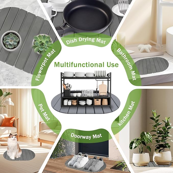 Diatomaceous Earth Dish Drying Mat - Large Quick Drying Stone Mat for Kitchen Counter & Sink, 23.2"x15.4" Absorbent Non-Slip Drying Pad for Dishes, Fast Drain Gray Diatomite Tray with Rounded Corners