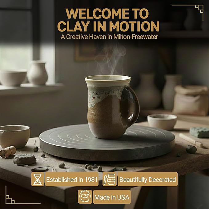 Clay in Motion Hand Warmer Coffee Mug – Handmade Coffee Mug With Comfortable Handle Contoured Pocket Hand Warming Ceramic Coffee Mug – Proudly Made in USA – Right Handed – 14 Oz - Desert Sand