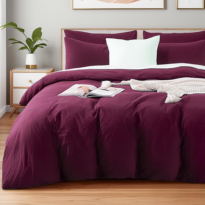 NEXHOME PRO 100% Washed Cotton Duvet Cover King Size, Ogranic Natural Linen Feel Breathable Bedding Set with Zipper Closure, 3 Pieces Duvet Cover Set Wine (No Comfortert) 10490