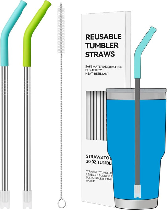 2 PCS 30oz Reusable Straws Ideal for 30oz Stanley Cup & 24oz Tumblers | Stainless Steel Drinking Straw with Anti-Clank Silicone Bottom, Fits Most Medium-Size Mugs