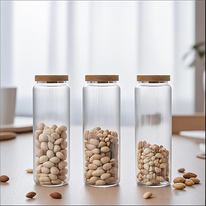 1500ML/50.73OZ-3Pcs Glass Food Storage Containers with Lids - Glass with Wood Lids - Airtight Storage Jars - Kilner Jars for Spice,Flour,Pasta,Coffee,Tea,Cookie,Snack
