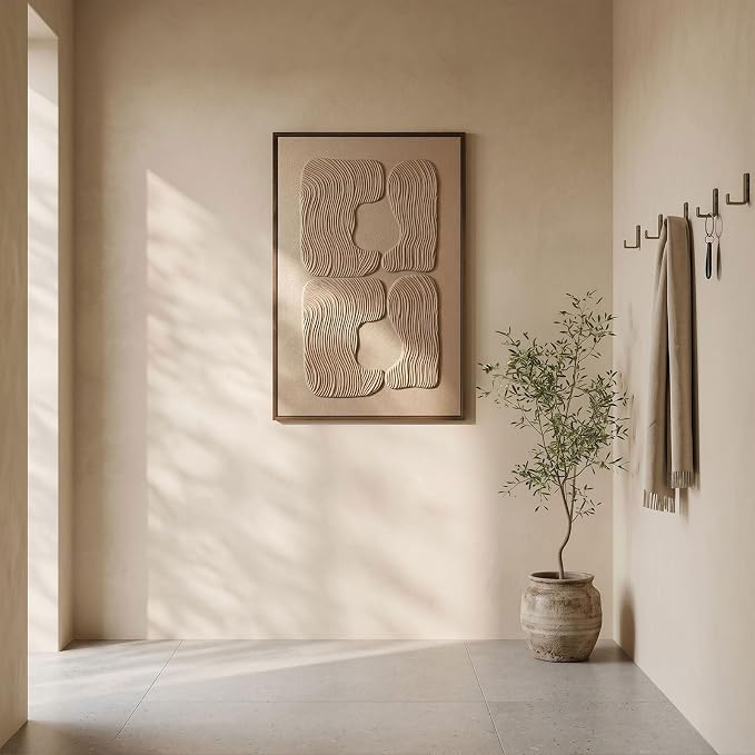 3D Textured Wall Art for Living Room, 1 Piece Wabi Sabi Abstract Sandstone Relief Artwork with Solid Catalpa Wood Frame, Minimalist Abstract Pictures for Hallway Entryway, Warm Oatmeal Beige, 24x36 In