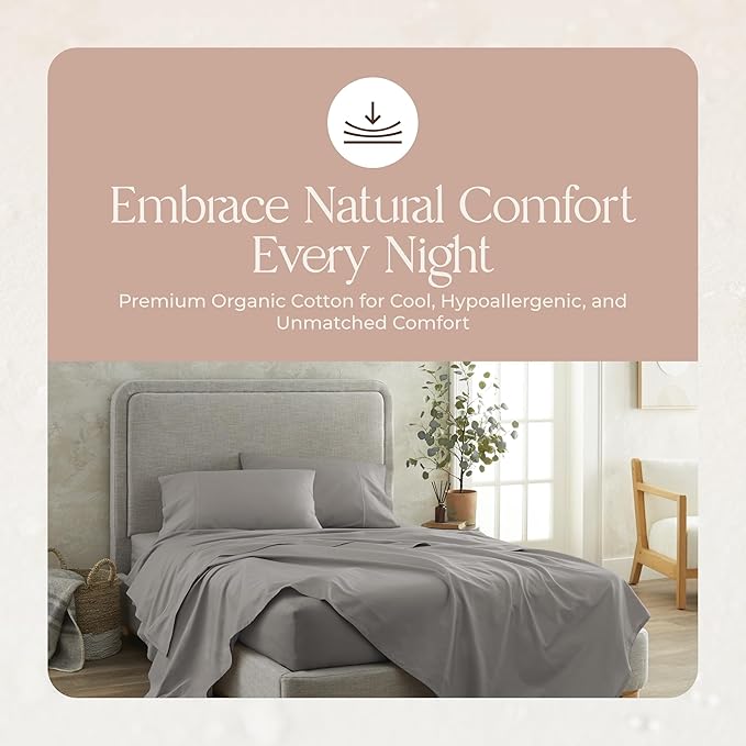 100% Organic Cotton Sheets Queen Size - GOTS Certified Organic Bed Sheets with Deep Pocket 300 Thread Count & Cozy Sateen Weave Softer with Each Wash - Luxury 4 Piece Set (Classic Grey, Queen)