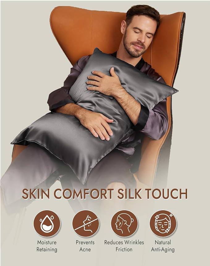 SilkSilky 100% Mulberry Silk Pillowcase - Pure 22 Momme High-Grade 6A Fibers for Hair & Skin, Hidden Zipper, Natural, Organic, Breathable & Cooling Pillow Case (Standard 20''x26'', Darkgray)