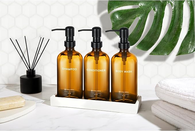 Amber Glass Shampoo and Conditioner Dispenser Set – Refillable 16 oz Pump Bottles with Concrete Tray – Luxury Bathroom Organization & Modern Shower Soap Dispensers