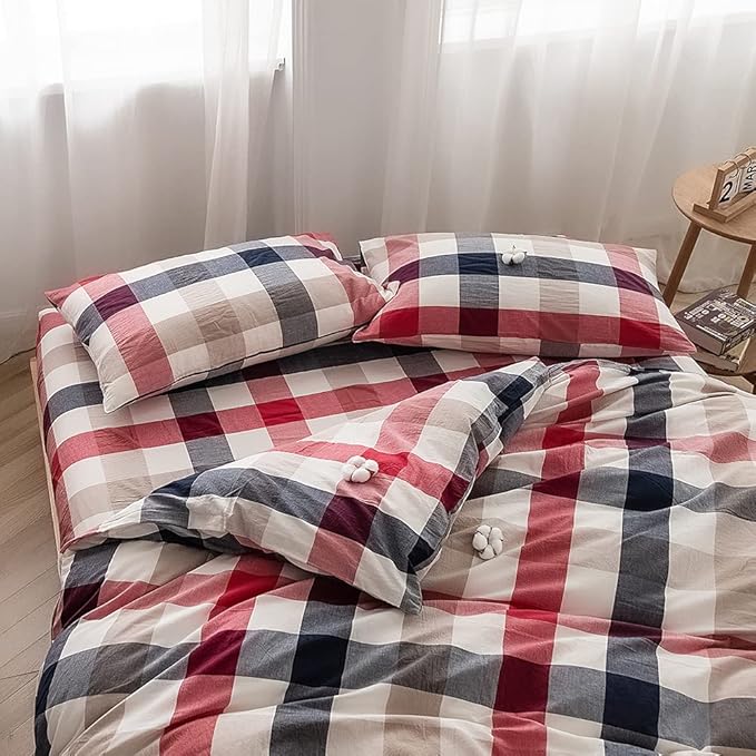 FACE TWO FACE Bedding Duvet Cover Set100% Washed Cotton Duvet Cover Linen Like Textured Breathable Durable Soft Comfy(Full, Blue red Grid)