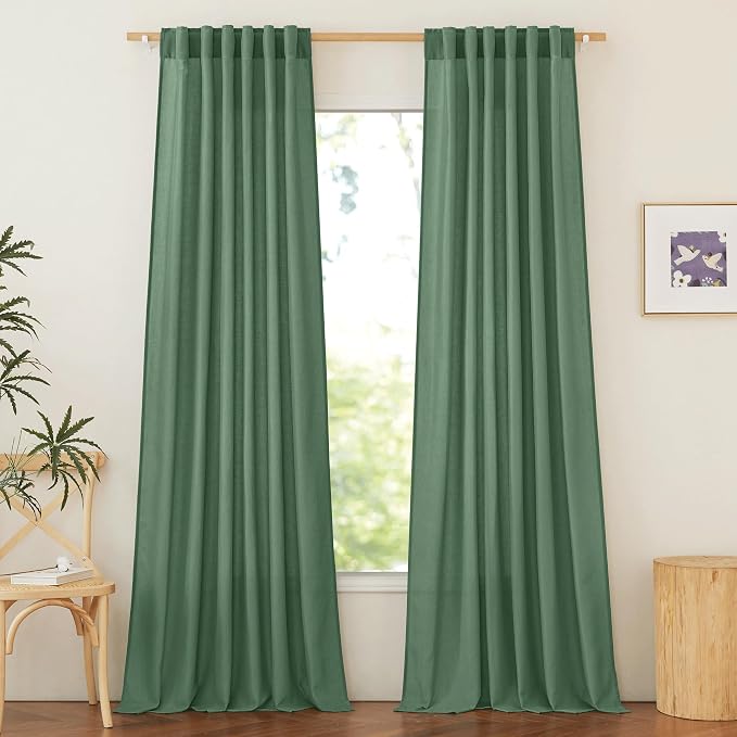 NICETOWN Olive Green Linen Curtains for Living Room, Rod Pocket & Back Tab Linen Blend Privacy Added Light Filtering Not See Through Window Treatments for Bedroom, W55 x L95, 2 Panels
