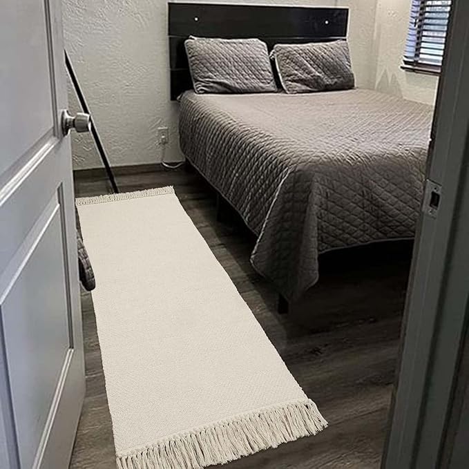 Collive 2x6 Runners for Hallway, Woven Reversible Washable Entryway Runner Rug, White/Beige Cotton Modern Farmhouse Laundry Room Carpet for Bathroom Sink Foyer Bedroom