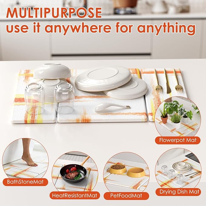 3 PCS Large Stone Dish Drying Mat for Kitchen Counter -24"x16" Absorbent Diatomaceous Earth Mat with Stone Faucet Mat & Soap Tray - Quick Dry, Collapsible, Non-Slip Countertop Organizer