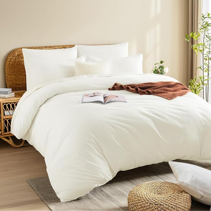 NEXHOME PRO Full Duvet Cover Set, 100% Washed Cotton with Linen-Like Texture, Natural Organic, Breathable & Comfortable, Includes Home Bedding Set Milk White (No Comforter) 8090
