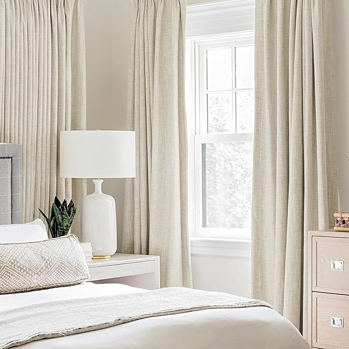 MIULEE 100% Blackout Linen Textured Curtains for Bedroom Solid Thermal Insulated Light Ivory Grommet Room Darkening Curtains & Drapes Luxury Decor for Living Room 52 x 84 Inch (2 Panels)