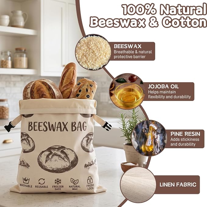 3 Pack Beeswax Bread Bags 17"x13" & 10" Bowl Cover Set, Reusable Organic Linen Bread Storage Bag for Sourdough Homemade Bread, Freezer Safe Zero Waste Eco-Friendly Food Wrap Set for Baking and Storage