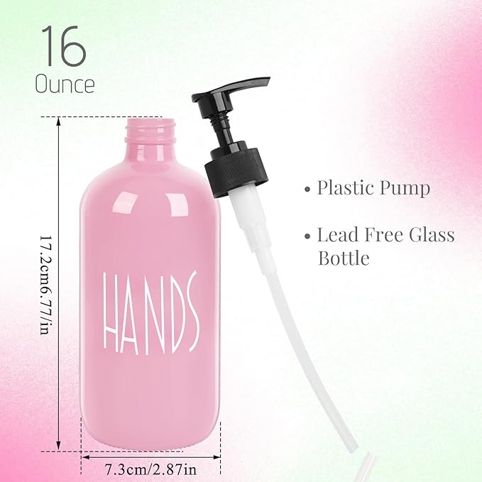 Glass Soap Dispenser with Plastic Pump for Kitchen - 16 OZ Glass Hand Soap Dispenser Set - Kitchen, Bathroom for Decor and Accessories (Pink)