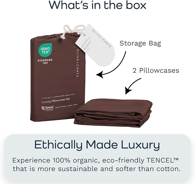 Olive + Crate Tencel Eucalyptus Pillowcases - 100% Tencel Lyocell Cooling Pillow Cases for Hot Sleepers - Hypoallergenic, Moisture-Wicking, Silk Alternative, Vegan - Queen Size Set of 2 - [Cacao]