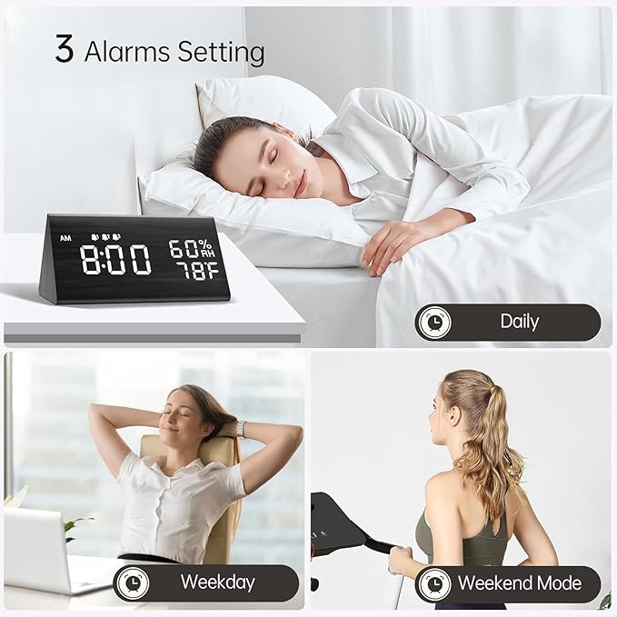 JALL Wooden Digital Alarm Clock for Bedrooms and Office, 3 Alarms with Large Numbers for Beside Table Living Room, Humidity and Temperature, 6-Level Dimmer, Snooze, Loud Desk Clock for Heavy Sleepers