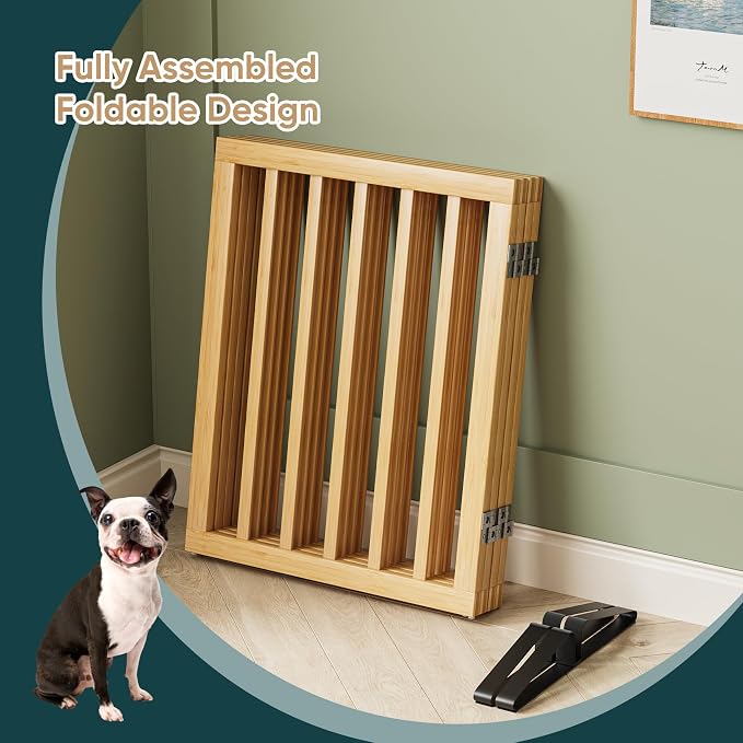 Semiocthome Solid Bamboo Dog Gate with 2 Stands, Freestanding Pet Gates for Doorways and Stairs, 24" Height-4 Panels Puppy Gate for The House, Fully Assembled Indoor Gate Safety Fencee - Natural