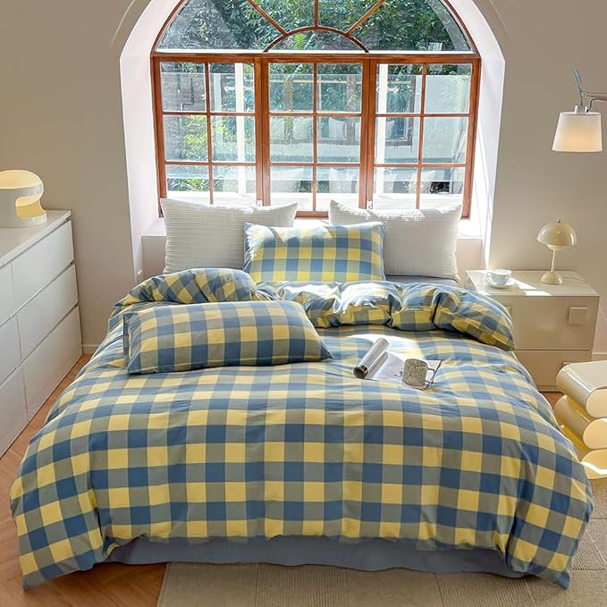 FACE TWO FACE Bedding Duvet Cover Set100% Washed Cotton Duvet Cover Linen Like Textured Breathable Durable Soft Comfy (Twin, Blue Yellow Grid)