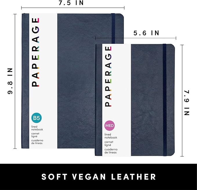 PAPERAGE Softcover Lined Journal Notebook (Navy), 176 Pages, Large B5 College Ruled Notebook, 7.6 inches x 10 inches - 100 GSM Thick Premium Paper, Soft Vegan Leather Journal for Home, Work & School
