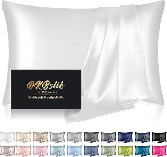 Silk Pillowcase for Hair and Skin, Mulberry Silk Pillow Cases Standard Size, Anti Acne Cooling Sleep Both Sides Natural Silk Satin Pillow Case Covers with Hidden Zipper, Gifts for Women Men, White