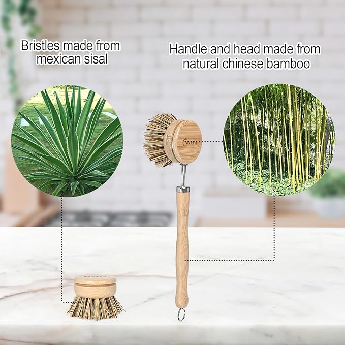Bamboo Dish Scrubber with Handle - Hard Bristle, Natural Dish Brush Sustainable & Biodegradable, Bamboo Wok Brush for Dishes, Pans and Pots